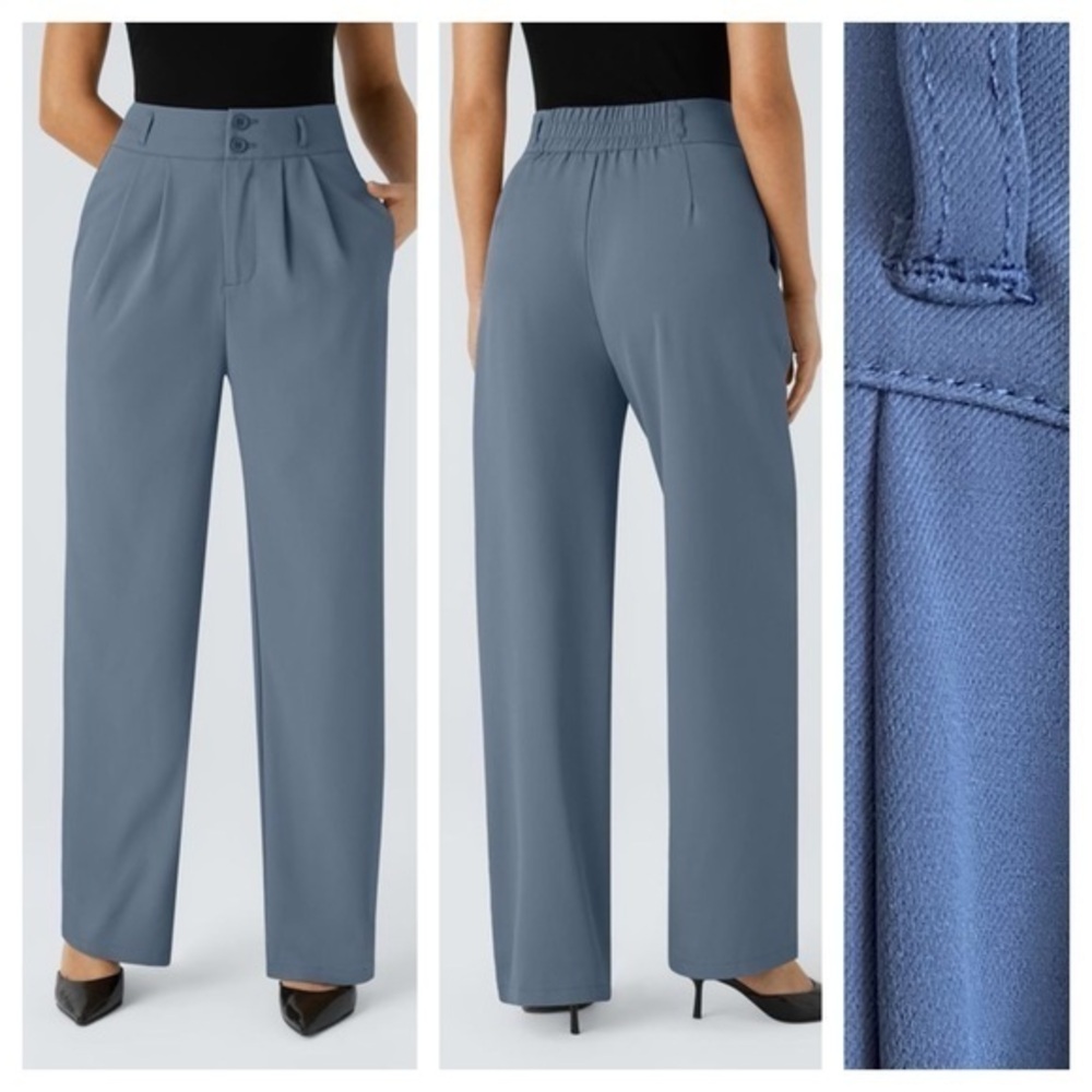 Halara Blue High Waisted Button Shirred Straight Leg Work Trouser Pants Large - Picture 1 of 15